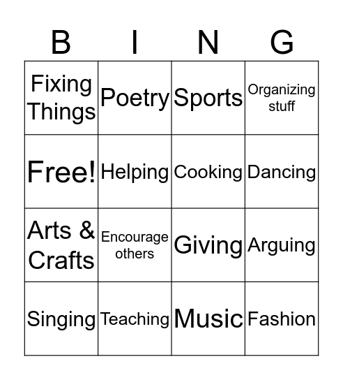 Identiifying Your Gifts & Talents  Bingo Card