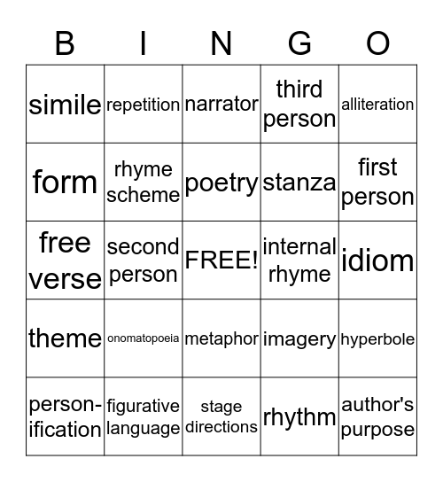 Poetry Bingo Card