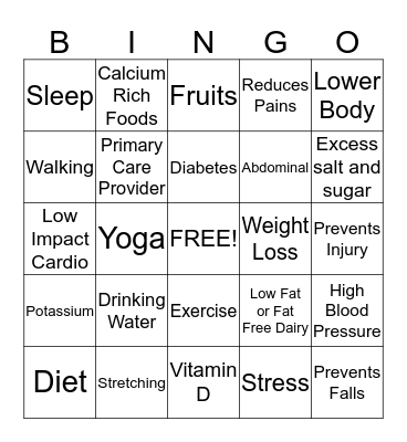 Health Tips Bingo Card