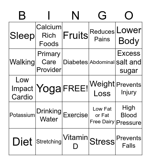 Health Tips Bingo Card