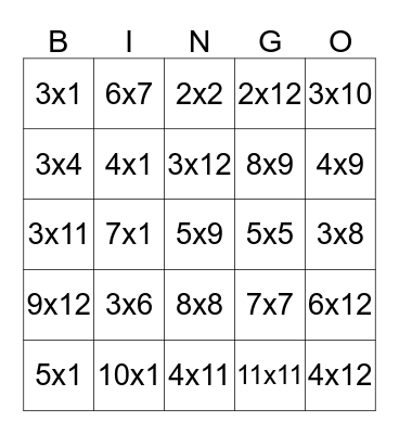 Multiplication Bingo Card