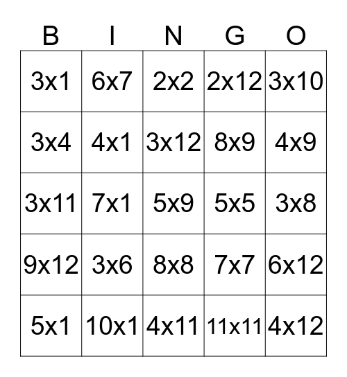 Multiplication Bingo Card