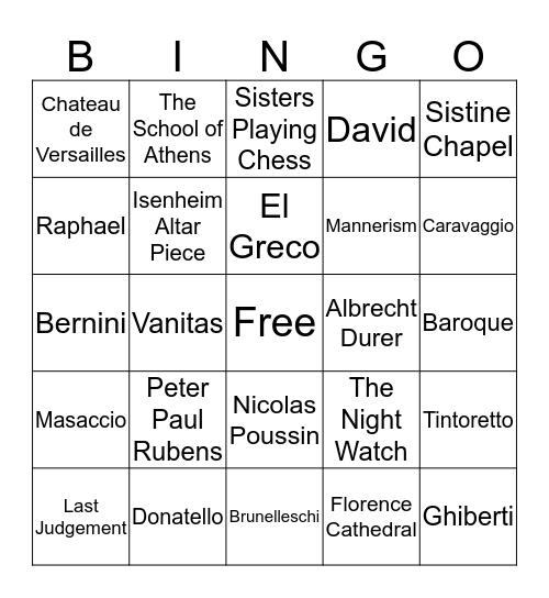 Renaissance Art Bingo Card