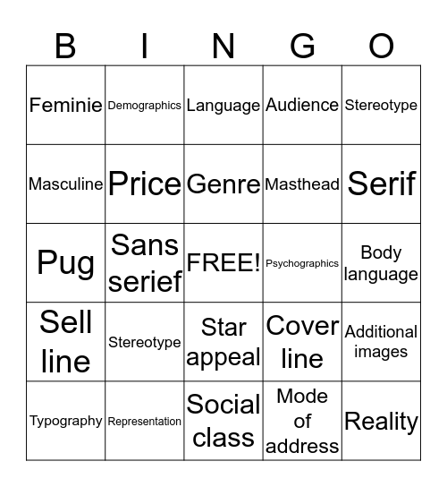 Media representation key word Bingo Card