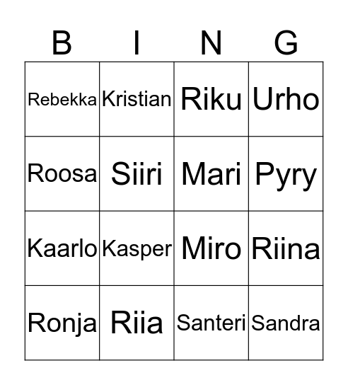 Etunimi bingo Card