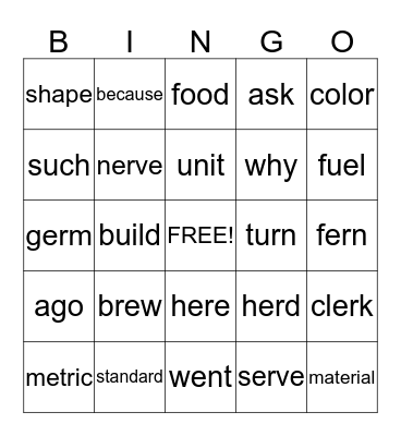 2ND GRADE Bingo Card