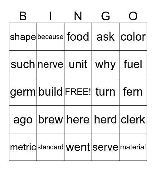 2ND GRADE Bingo Card