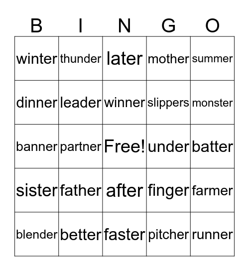 -er Words Bingo Card