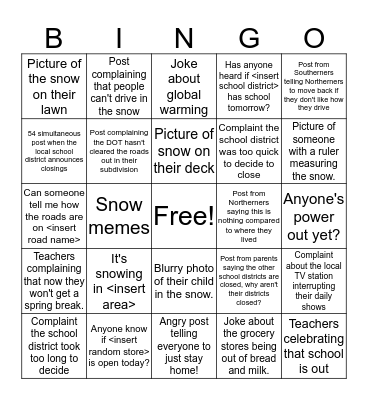 North Carolina Facebook Post Snow Bingo Card