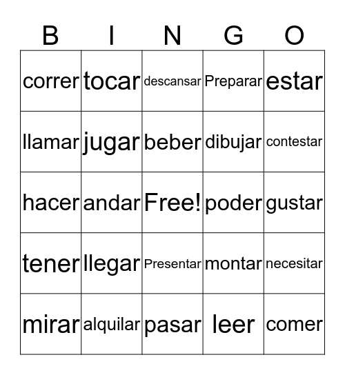 Spanish infinitive verbs-meanings Bingo Card