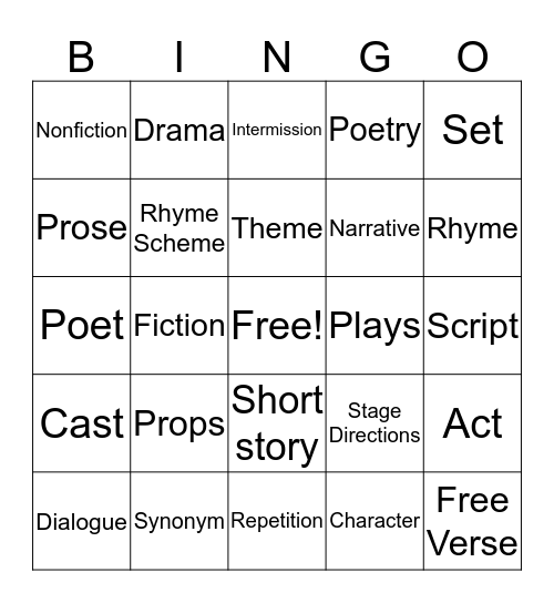 Prose, Poetry, and Drama Bingo Card