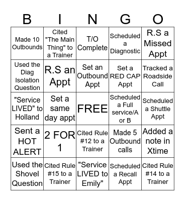 SERVICE BINGO Card