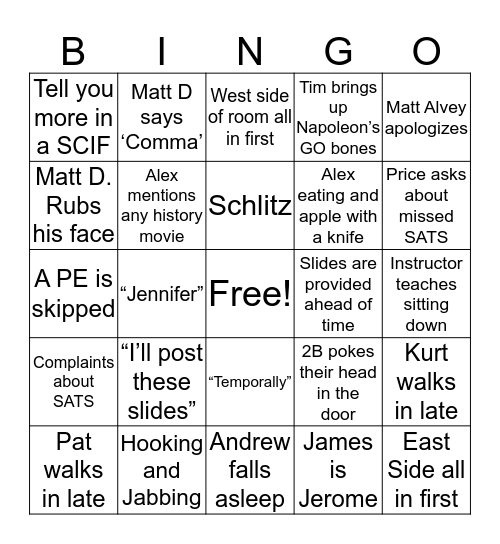 SG 2A Bingo Card