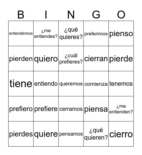 e--> ie Boot Verbs BINGO Card