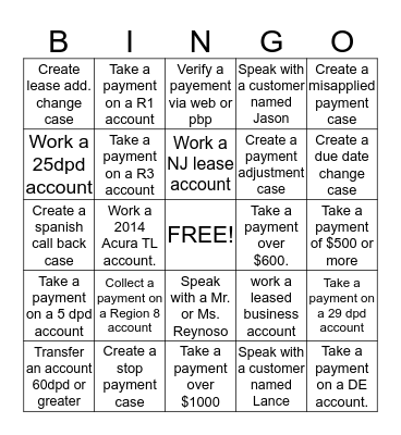 Dialer Bingo Card