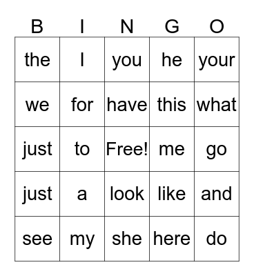 Sight Words Bingo Card