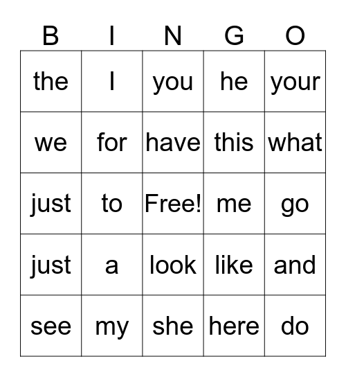 Sight Words Bingo Card