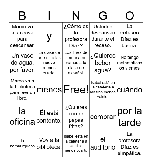 U2E2 Spanish 1 ¡Un horario difícil! Bingo Card