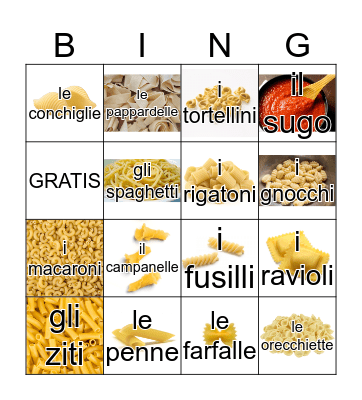 Pasta Shapes Tombola! Bingo Card