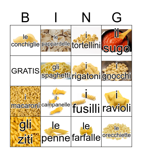 Pasta Shapes Tombola! Bingo Card