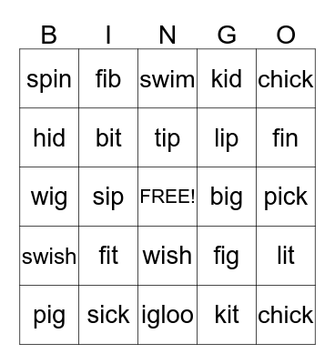 Short i Bingo Card