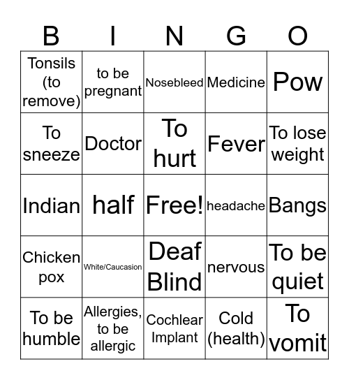 Unit 8 Master ASL! Health Words Bingo Card