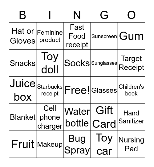 Diaper Bag Bingo Card