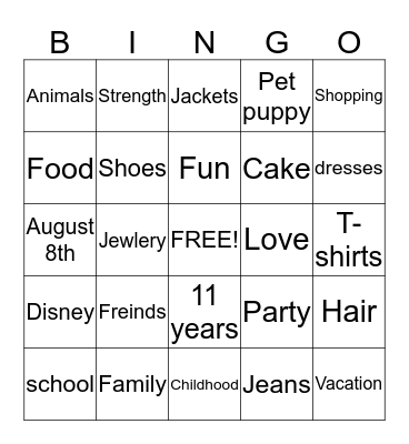 Carolyn Bingo Card