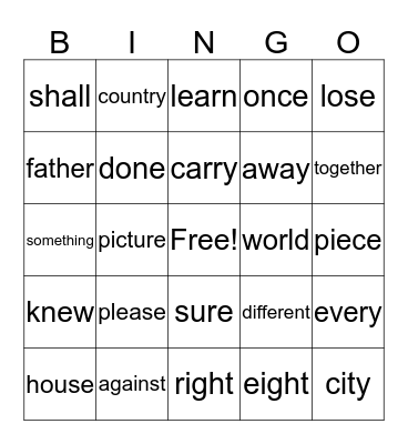 2nd Grade Trick Word Bingo Card