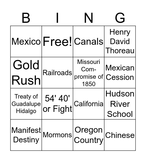 Unit 6 - Westward Expansion Bingo Card