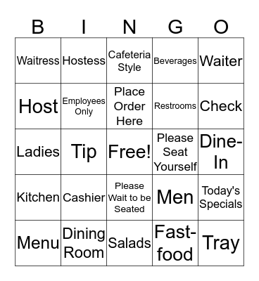 Restaurant Bingo Card