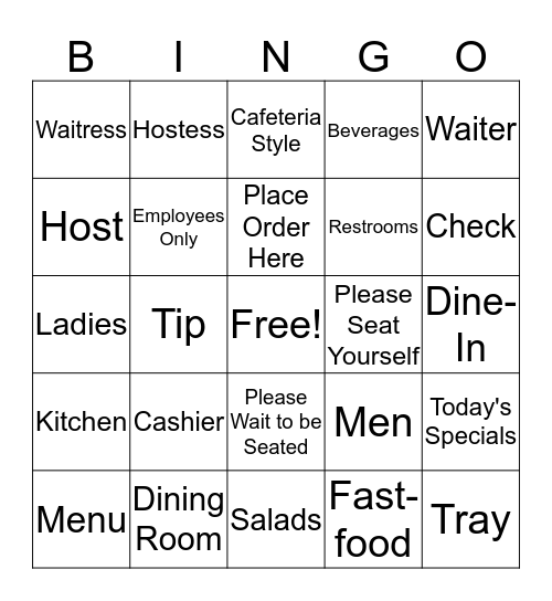 Restaurant Bingo Card