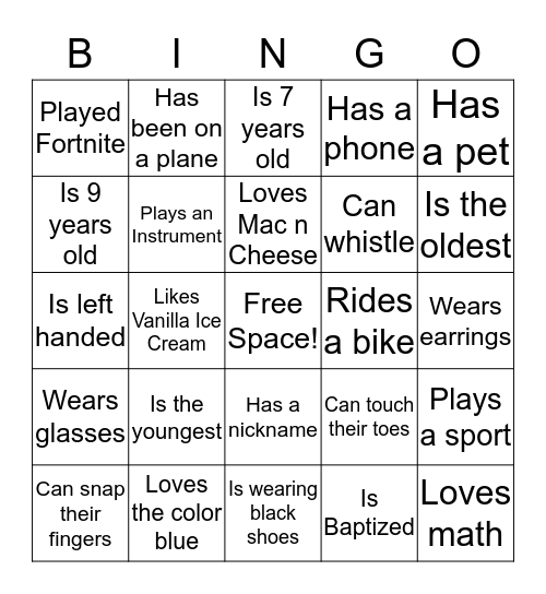 Kids Bingo Card