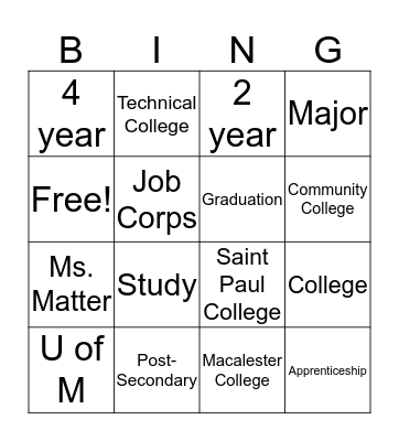 Post-Secondary Bingo Card