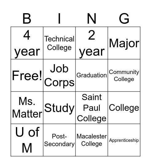 Post-Secondary Bingo Card