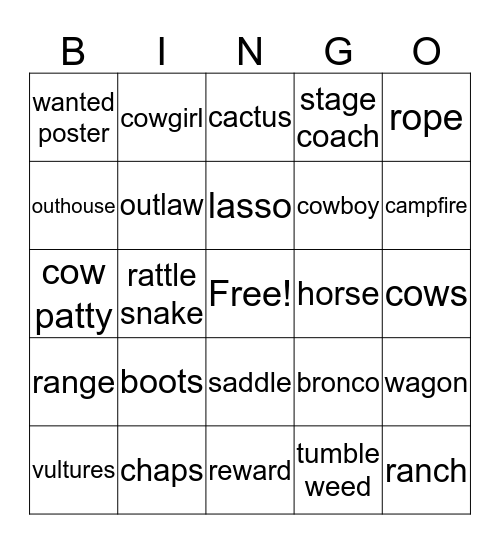 Wild West Bingo Card