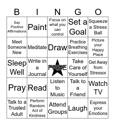 Coping Skills Bingo Card