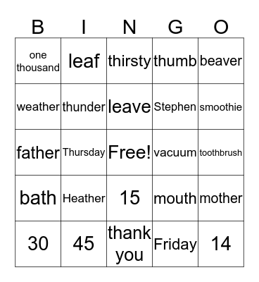 TH, V, F Bingo Card
