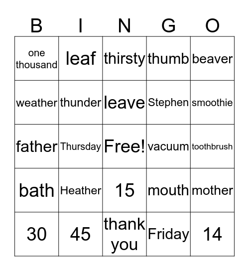 TH, V, F Bingo Card