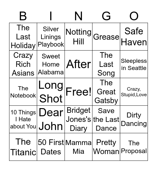 Delayed Valentine's Day Movies  Bingo Card