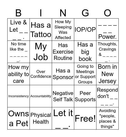 R E C O V E R Y Bingo Card