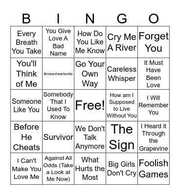 Breakup Songs Bingo Card