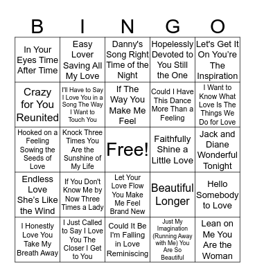70's and 80's Love Songs Bingo Card