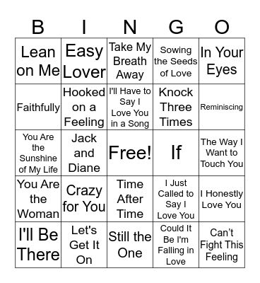 70's and 80's Love Songs Bingo Card