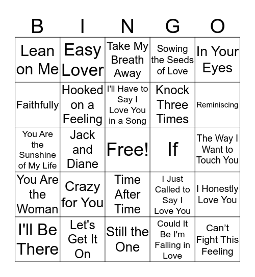 70's and 80's Love Songs Bingo Card