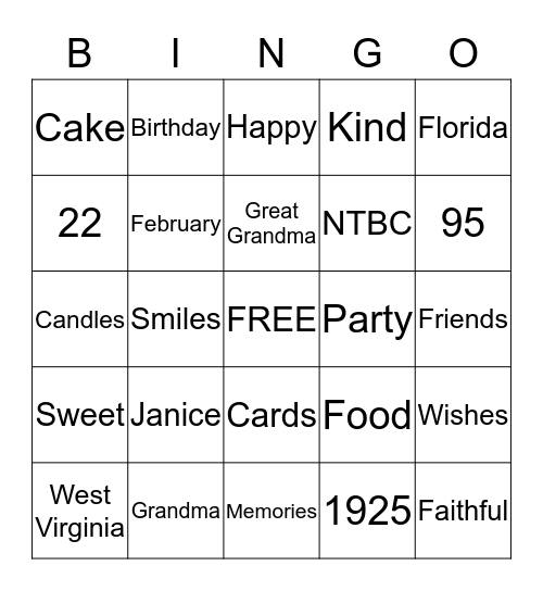 Betty's Birthday Bingo Card