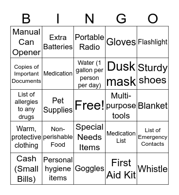 Prepare a Go-Bag! Bingo Card