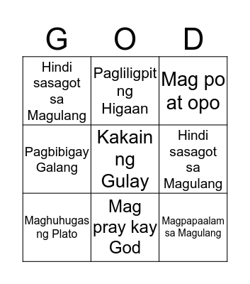 Obey your Parents Bingo Card