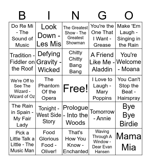 The Very Musical Bingo Card
