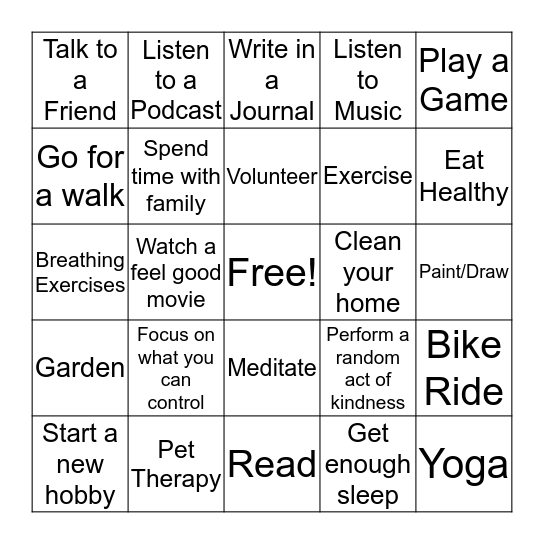 Coping Skills BINGO Card